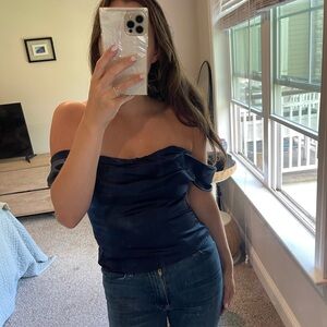 Reformation Off-Shoulder Navy Blouse